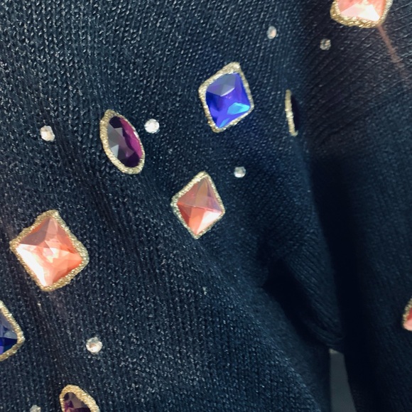 Vintage HAND-LOOMED Dressy Sweater,SLENDERIZING Black with Large Sparkling Gems! - Picture 7 of 12